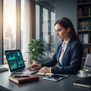 Um advogado com CNPJ revisando documentos financeiros e gráficos, simbolizando a gestão e planejamento financeiro.