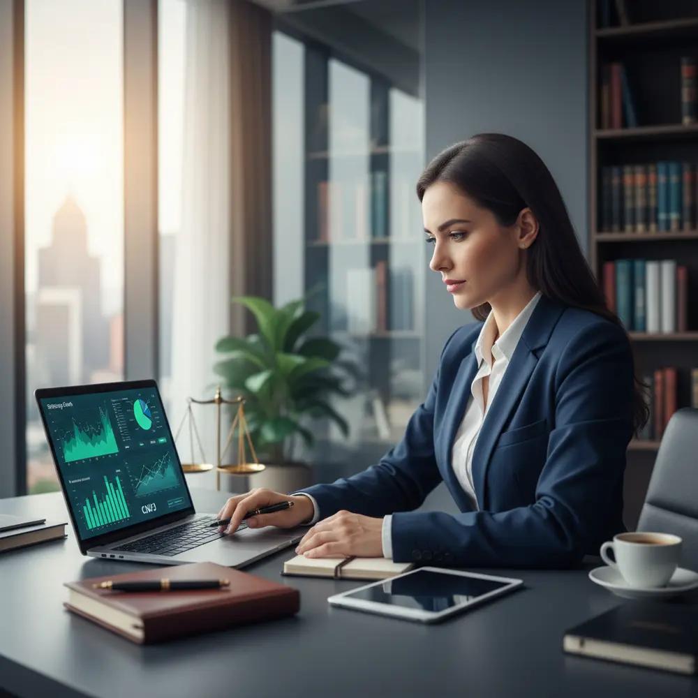 Um advogado com CNPJ revisando documentos financeiros e gráficos, simbolizando a gestão e planejamento financeiro.
