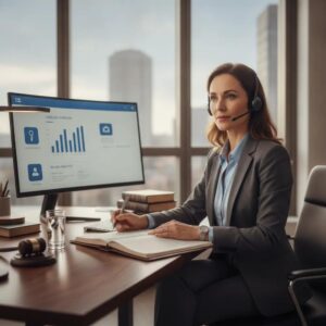 Advogado em escritório usando computador com soluções de contabilidade para advogados, simbolizando gestão eficiente.