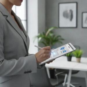 Pessoa assinando documento eletrônico com assinatura digital gov.br, simbolizando agilidade e segurança jurídica.