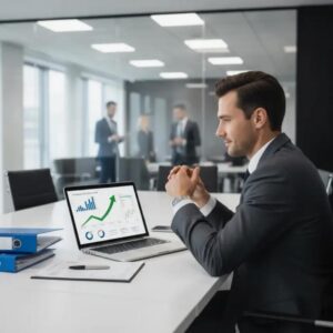 Advogado analisando documentos financeiros, otimizando o planejamento financeiro jurídico para redução de impostos.