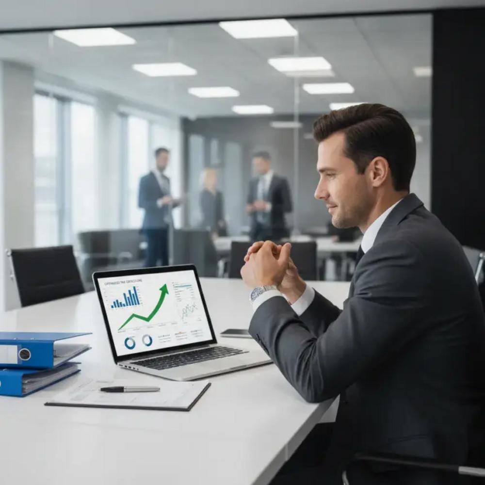 Advogado analisando documentos financeiros, otimizando o planejamento financeiro jurídico para redução de impostos.