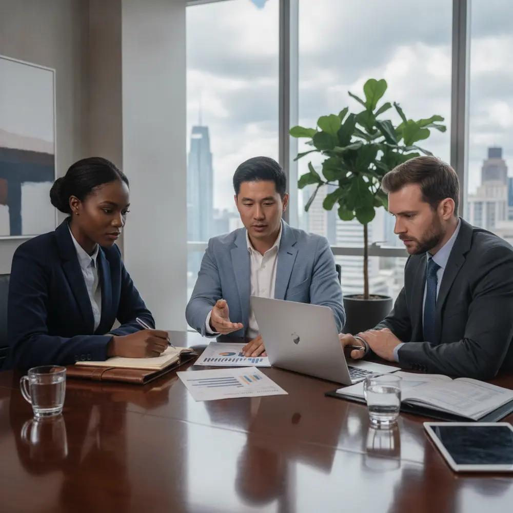 Homem e mulher de negócios discutindo documentos financeiros para um planejamento tributário eficaz de escritórios de advocacia.