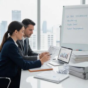 Um profissional de consultoria jurídica explicando o planejamento tributário a um advogado em um escritório moderno.