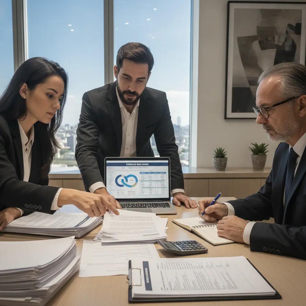 Um advogado focado, revisando documentos importantes para seu planejamento tributário e o Simples Nacional.